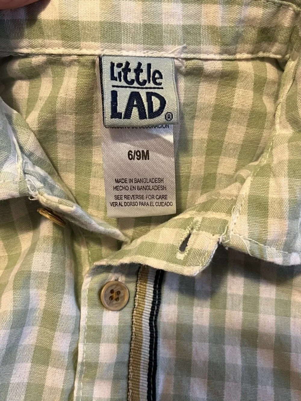 Little Lad Baby Boy Casual Outfit 6/9 Months Tan Shorts Hat Green Gingham Shirt
